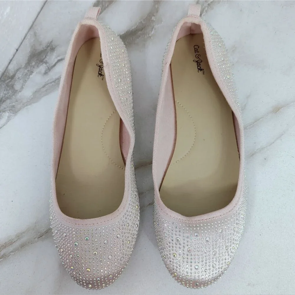 Cat & Jack Girls' Pale Pink Diamante Rhinestone Sparkly Ballet Flats, Sz 5